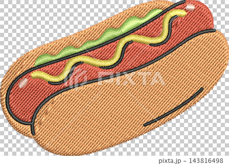 Hot Dog With Relish Illustration with Embroidered Stitch Texture, Isolated Clipart Design Element Hot Dog With Relish Illustration with Embroidered Stitch Texture, Isolated Clipart Design Element 143816498