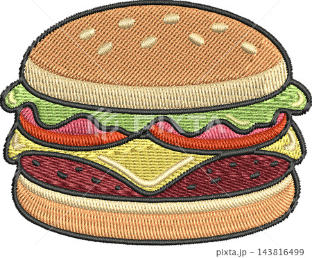 Stacked Hamburger Illustration with Embroidered Stitch Texture, Isolated Clipart Design Element 143816499