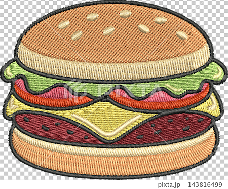 Stacked Hamburger Illustration with Embroidered Stitch Texture, Isolated Clipart Design Element 143816499