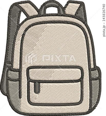 Canvas backpack illustration in a stitched embroidery style, showing a beige rucksack with dark grey trim, a front pocket, and shoulder straps on a plain white background 143816740