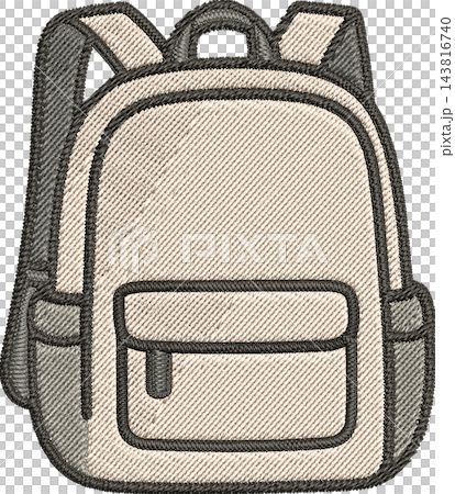 Canvas backpack illustration in a stitched embroidery style, showing a beige rucksack with dark grey trim, a front pocket, and shoulder straps on a plain white background 143816740
