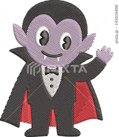 Cute Cartoon Vampire Character in Embroidery Style, Purple Face and Black Cape with Red Lining, Waving Hand, White Background, Halloween Mascot Design Cute Cartoon Vampire Character in Embroidery Style, Purple Face and Black Cape with Red Lining, Waving Hand, White Background, Halloween Mascot Design 143816806