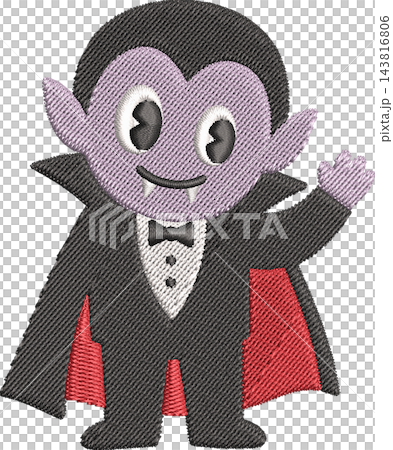 Cute Cartoon Vampire Character in Embroidery Style, Purple Face and Black Cape with Red Lining, Waving Hand, White Background, Halloween Mascot Design Cute Cartoon Vampire Character in Embroidery Style, Purple Face and Black Cape with Red Lining, Waving Hand, White Background, Halloween Mascot Design 143816806