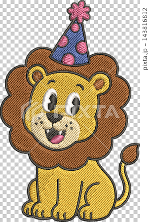 Cute cartoon lion cub wearing a blue polka dot party hat, embroidered applique style illustration with stitched outlines on a white background Cute cartoon lion cub wearing a blue polka dot party hat, embroidered applique style illustration with stitched outlines on a white background 143816812