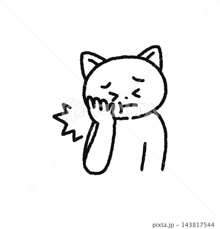 歯が痛くてほっぺたを手で押さえる猫 線画 歯が痛くてほっぺたを手で押さえる猫 線画 143817544
