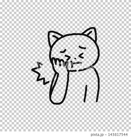 歯が痛くてほっぺたを手で押さえる猫 線画 歯が痛くてほっぺたを手で押さえる猫 線画 143817544