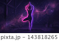 A zen yoga poses dark silhouette proined only by soft, sharp pink and violet neon rim lighting in a dark room. 143818265
