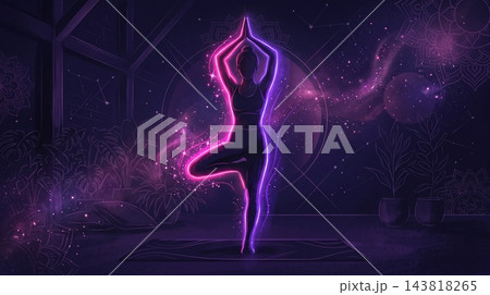 A zen yoga poses dark silhouette proined only by soft, sharp pink and violet neon rim lighting in a dark room. 143818265
