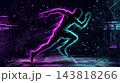 A dark studio silhouette of an athlete in motion, outlined only by sharp magenta and cyan neon rim lighting. 143818266
