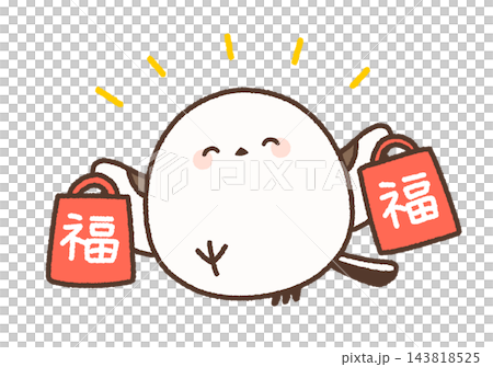 A cheerful long-tailed tit, holding lucky bags in both hands. A cheerful long-tailed tit, holding lucky bags in both hands. 143818525