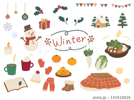 冬の暮らしと食べ物の手描きイラスト素材セット 冬の暮らしと食べ物の手描きイラスト素材セット 143818926