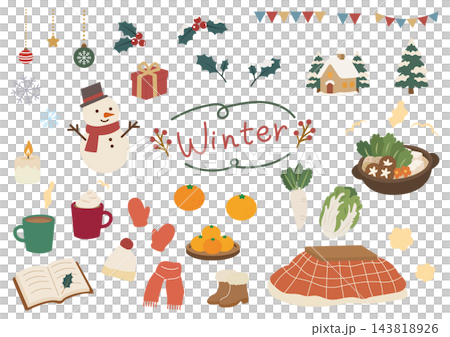 冬の暮らしと食べ物の手描きイラスト素材セット 冬の暮らしと食べ物の手描きイラスト素材セット 143818926