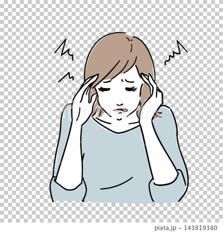 一名頭痛欲裂的女子摀著太陽穴。 一名頭痛欲裂的女子摀著太陽穴。 143819380