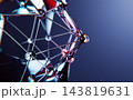 Futuristic abstract 3D background with glass dot sphere with triangular faces on blue. Glowing red polygonal wireframe ball, geometric grid with chrome metal lines and crystal points. 3D illustration Futuristic abstract 3D background with glass dot sphere with triangular faces on blue. Glowing red polygonal wireframe ball, geometric grid with chrome metal lines and crystal points. 3D illustration 143819631