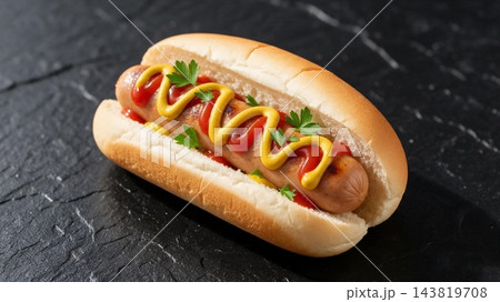 Delicious hotdog with mustard and ketchup on background 143819708