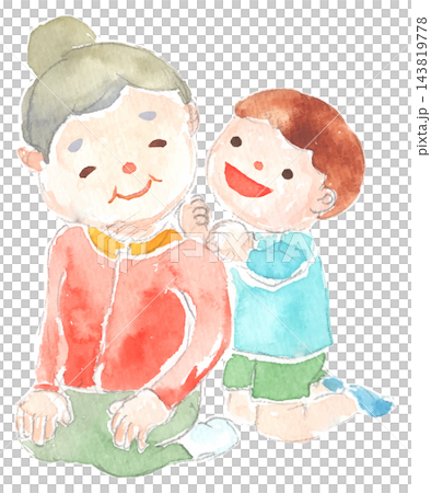 おばあちゃんの肩をたたく孫のイラスト おばあちゃんの肩をたたく孫のイラスト 143819778