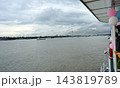 View of Vidyasagar Setu bridge and river vessels on Hooghly river from a decorated cruise boat in Kolkata 143819789