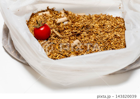 Cherry tomato on shredded tobacco in white plastic bag, closeup texture study Cherry tomato on shredded tobacco in white plastic bag, closeup texture study 143820039