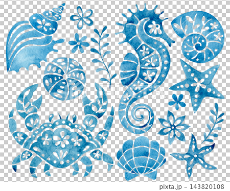 set of blue watercolor nautical ornaments. whimsical illustration set of blue watercolor nautical ornaments. whimsical illustration 143820108