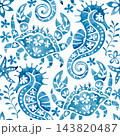 whimsical pattern with blue sea ornaments. watercolor illustration 143820487