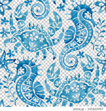 whimsical pattern with blue sea ornaments. watercolor illustration 143820487