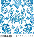ornate pattern with sea ornaments. blue watercolor illustration 143820488