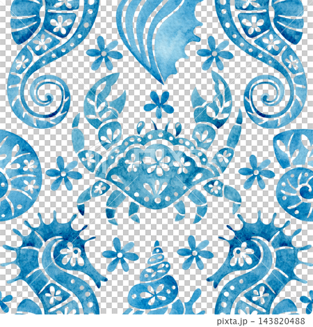 ornate pattern with sea ornaments. blue watercolor illustration ornate pattern with sea ornaments. blue watercolor illustration 143820488