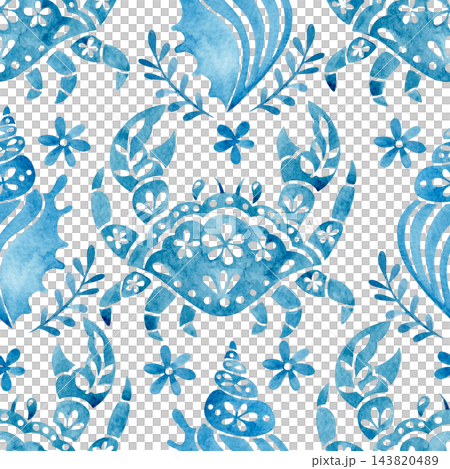 folk pattern with sea ornaments. blue watercolor illustration folk pattern with sea ornaments. blue watercolor illustration 143820489