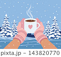 Hands holding a hot mug against a backdrop of snowy pine trees. Winter poster. Illustration for winter greeting cards, banners. 143820770