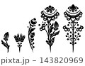 Vector set of black silhouette of tracery folk art flowers clip arts. Monochrome collection of decorative ornate floral illustrations 143820969