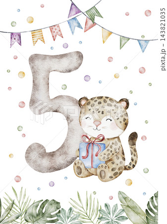 Watercolor Number 5 and cute leopard with blue gift box, flag garland and tropic leaves. Monthly five milestone card and Cat illustration isolated on transparent background for birthday design. 143821035