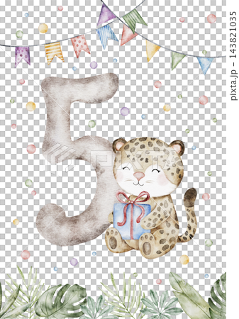 Watercolor Number 5 and cute leopard with blue gift box, flag garland and tropic leaves. Monthly five milestone card and Cat illustration isolated on transparent background for birthday design. Watercolor Number 5 and cute leopard with blue gift box, flag garland and tropic leaves. Monthly five milestone card and Cat illustration isolated on transparent background for birthday design. 143821035