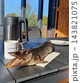 Smoked pike fish with open toothy mouth on a cutting board, black electric kettle and white mug on a dark table on a sunny terrace with autumn trees 143821075