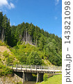 Wooden bridge over a small mountain stream below a steep hillside of spruce forest with dry dead trees, bright green meadow and deep blue summer sky with white clouds 143821098