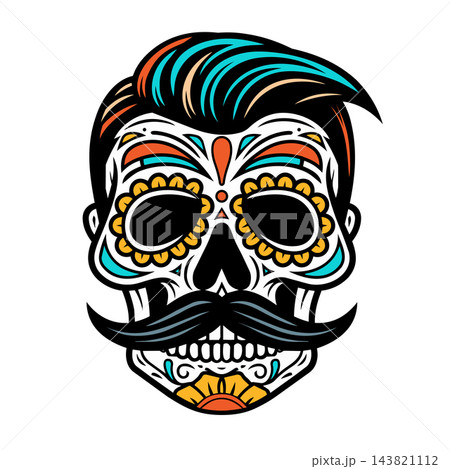 Hipster Mexican Sugar Skull with Hairstyle Tattoo Vector Hipster Mexican Sugar Skull with Hairstyle Tattoo Vector 143821112