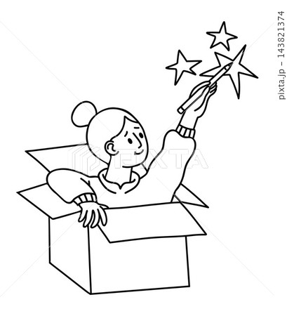 Woman Think Outside the Box Concept. Linear Doodle Cute Creativity Female Character in Cardboard Box Drawing Magic Stars with Pencil. Vector Illustration. Outline Hand Drawn, Coloring page Woman Think Outside the Box Concept. Linear Doodle Cute Creativity Female Character in Cardboard Box Drawing Magic Stars with Pencil. Vector Illustration. Outline Hand Drawn, Coloring page 143821374