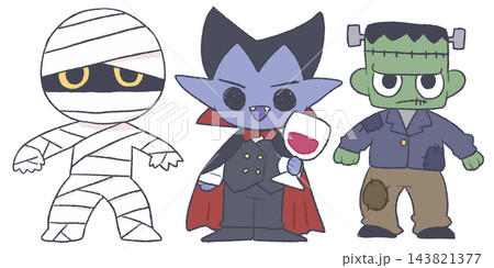 ハロウィンのフランケンシュタイン・吸血鬼・包帯男のキャラクターセット ハロウィンのフランケンシュタイン・吸血鬼・包帯男のキャラクターセット 143821377