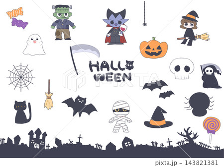 ハロウィンモチーフの手描きイラストまとめ　かわいいキャラクターと飾り素材 143821381