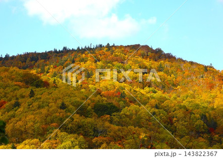 秋深まる北海道の紅葉の中、十月北海道ドライブ、メイプル街道を抜けて赤井川の国道を紅葉望む秋の空 143822367