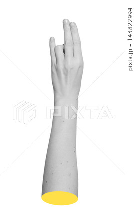 Monochrome hand performing Surya or Prithvi yoga mudra with ring finger touching thumb tip. 143822994