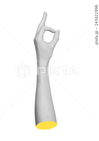 Grayscale arm showing OK sign gesture with index finger and thumb joining in circle. Monochrome hand Grayscale arm showing OK sign gesture with index finger and thumb joining in circle. Monochrome hand 143822996