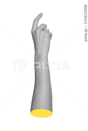 Grayscale hand pointing upward with curved index finger ready to click. Monochrome wrist structure 143823006