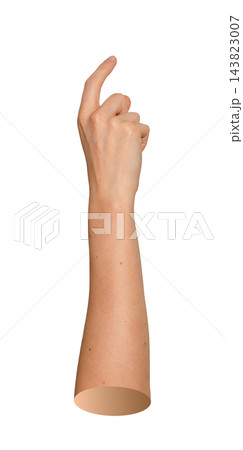 Caucasian limb extended vertically as index digit clicks invisible website link. Human arm gesture Caucasian limb extended vertically as index digit clicks invisible website link. Human arm gesture 143823007