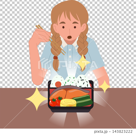 Cute Woman Eating Japanese Bento Lunch with Onigiri Salmon and Vegetables in Kawaii Cartoon Illustration 143823222