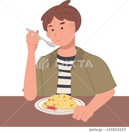 Young Man Eating Fried Rice with Spoon at Dining Table Cartoon Flat Design Illustration Young Man Eating Fried Rice with Spoon at Dining Table Cartoon Flat Design Illustration 143823223