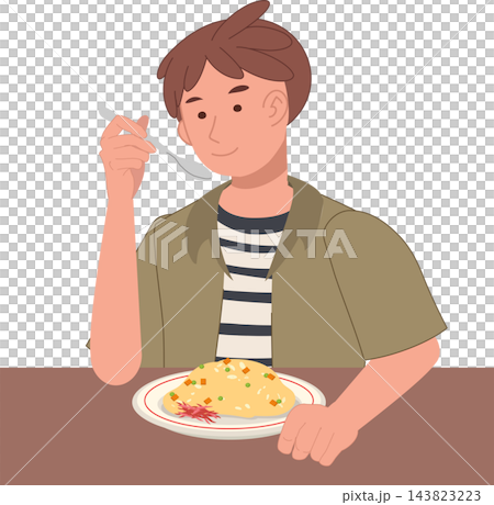 Young Man Eating Fried Rice with Spoon at Dining Table Cartoon Flat Design Illustration Young Man Eating Fried Rice with Spoon at Dining Table Cartoon Flat Design Illustration 143823223
