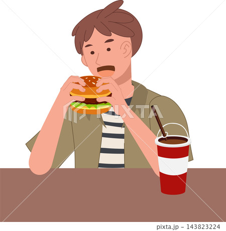 Man Holding Delicious Hamburger with Both Hands at Restaurant Table Flat Design Food Illustration 143823224