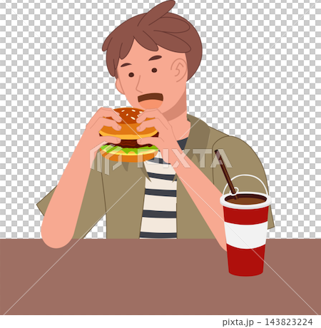Man Holding Delicious Hamburger with Both Hands at Restaurant Table Flat Design Food Illustration 143823224