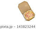Delivering.Cardboard box with tasty pizza on white. 143823244