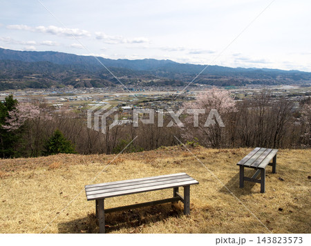 高台のベンチから望む桜と広大な市街地の景観 143823573